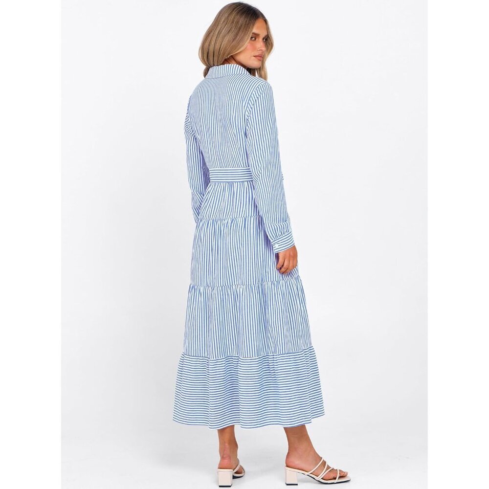 Women Long Sleeve Maxi Dress Rayon Casual Button Stripe Plaid Tie Waist - Picture 5 of 6